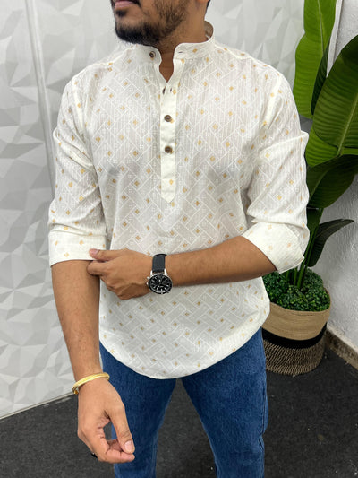 Special jacquard white short kurta