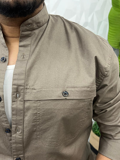 Mandarin collar oxford cargo shirt (Khaki)