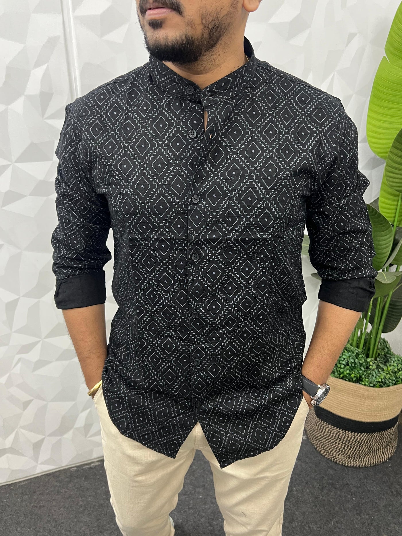 Mandarin collar printed shirt