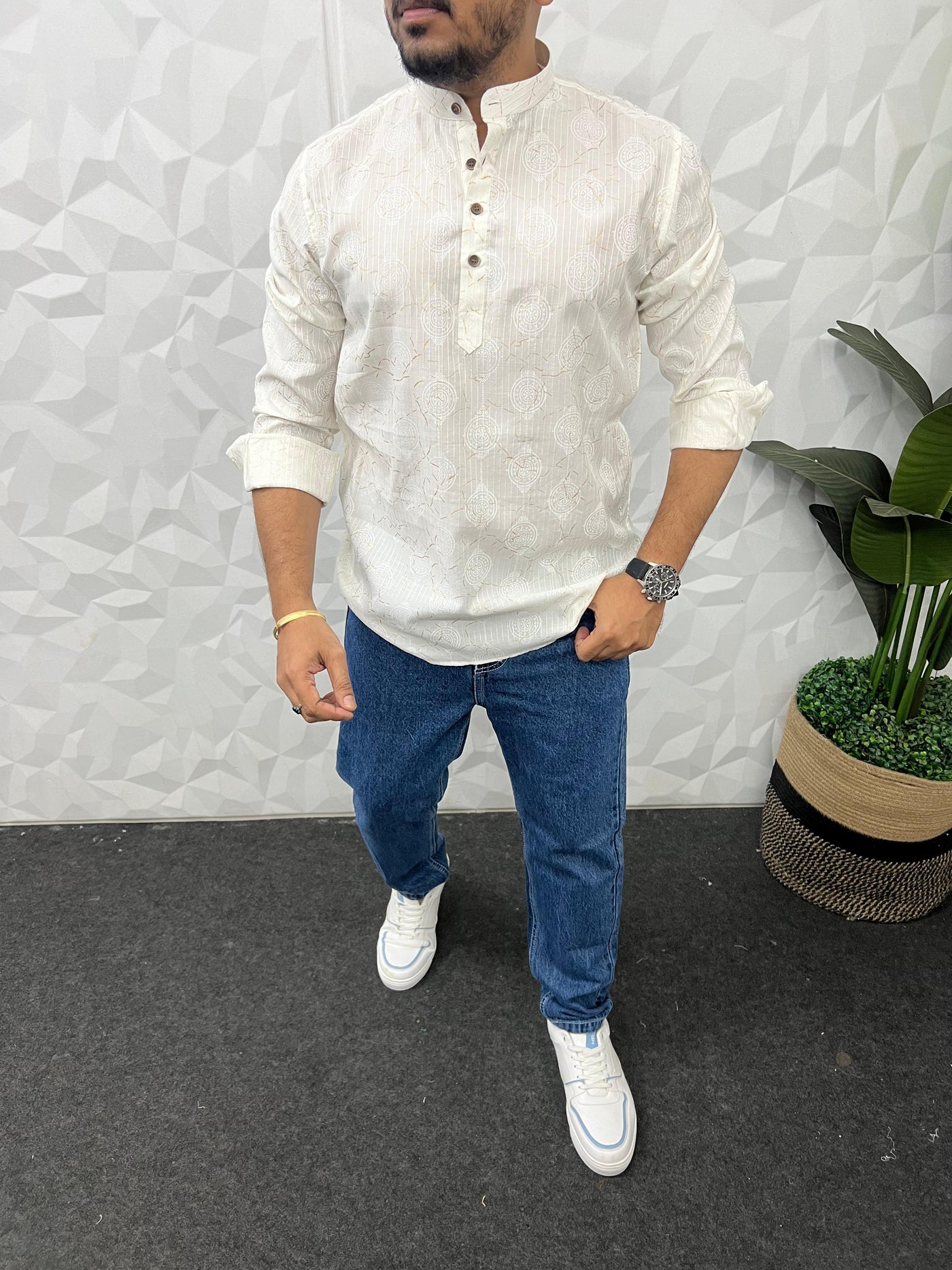 Special jacquard white short kurta