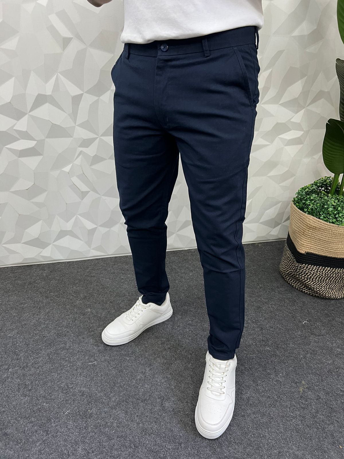 Linen fabric ankle chinos ( navy blue )