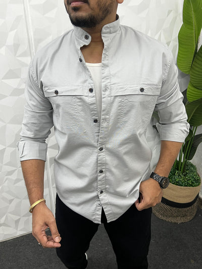 Mandarin collar oxford cargo shirt (Light grey)