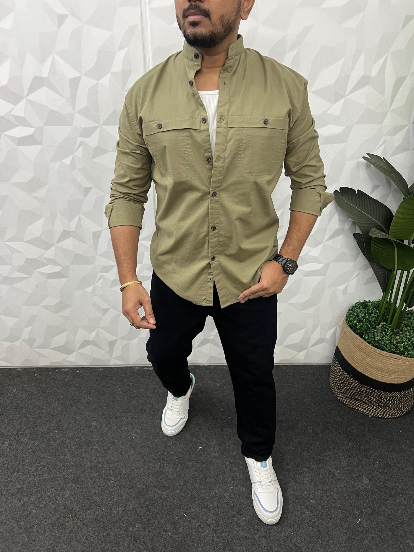 Mandarin collar oxford cargo shirt (Olive green)