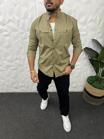 Mandarin collar oxford cargo shirt (Olive green)