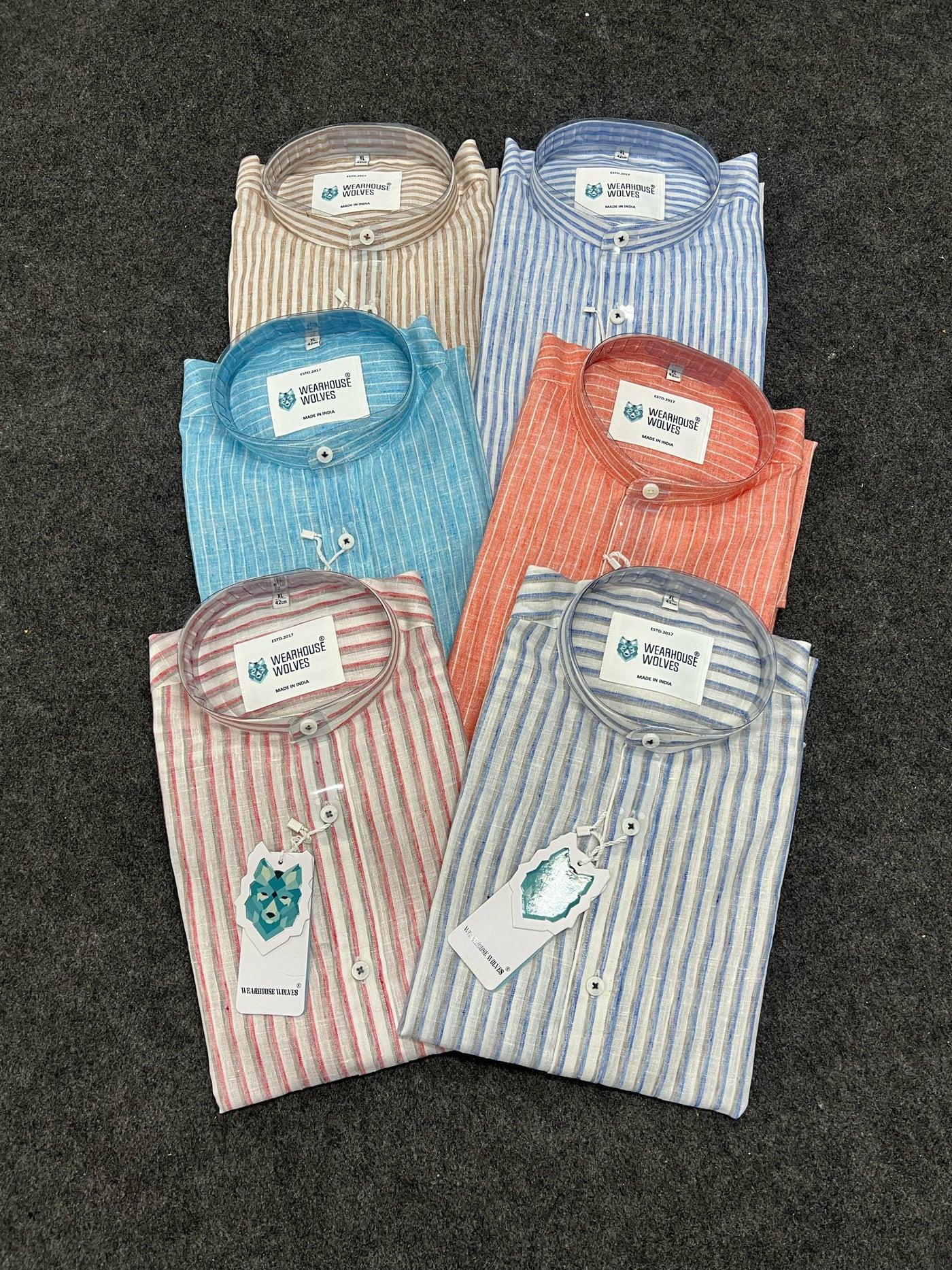 Linen fabric mandarin collar stripes shirt