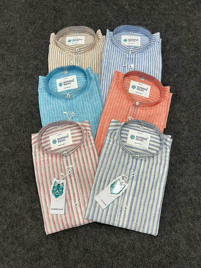 Linen fabric mandarin collar stripes shirt
