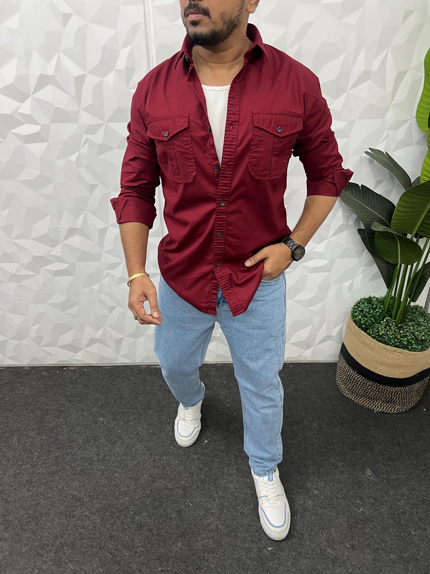 Oxford lycra cargo shirt (Maroon)