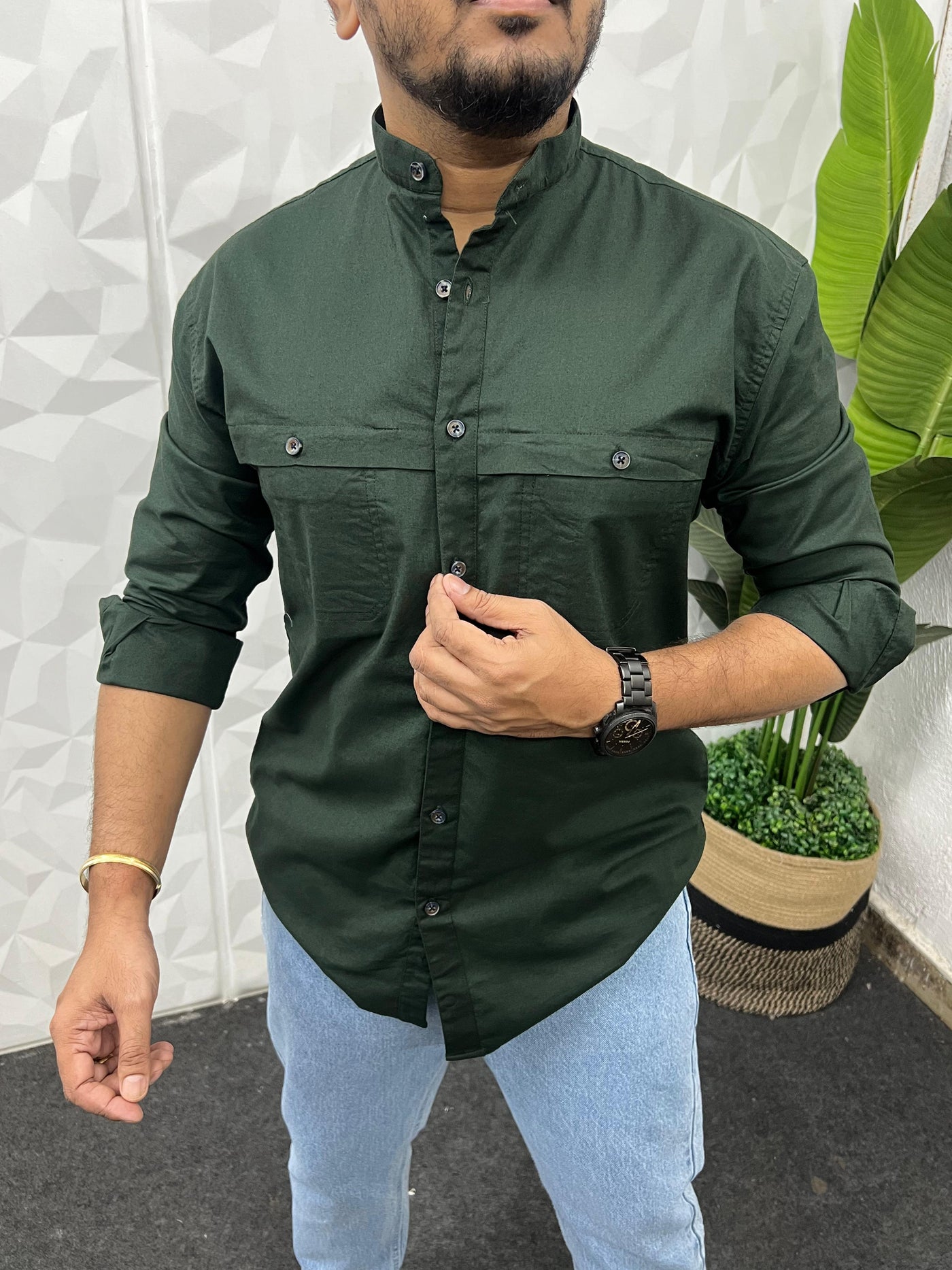 Mandarin collar oxford cargo shirt (Dark Green)