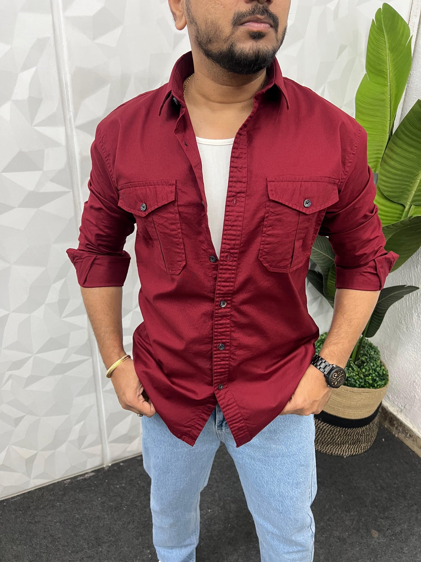 Oxford lycra cargo shirt (Maroon)