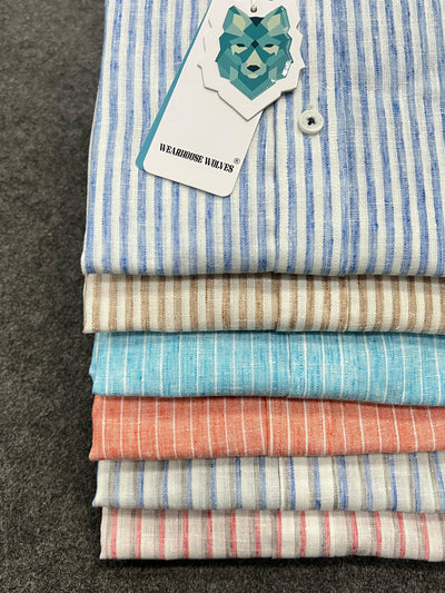Linen fabric mandarin collar stripes shirt