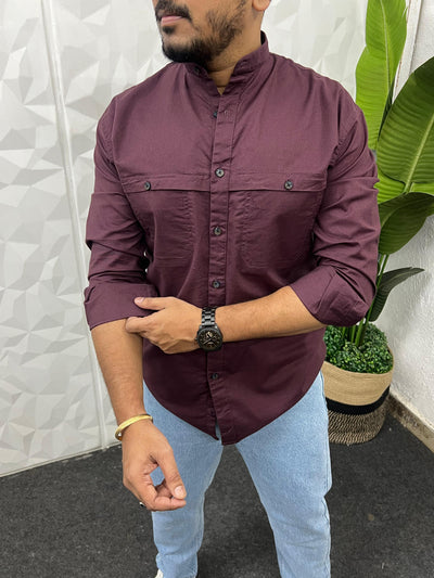 Mandarin collar oxford cargo shirt (Wine)