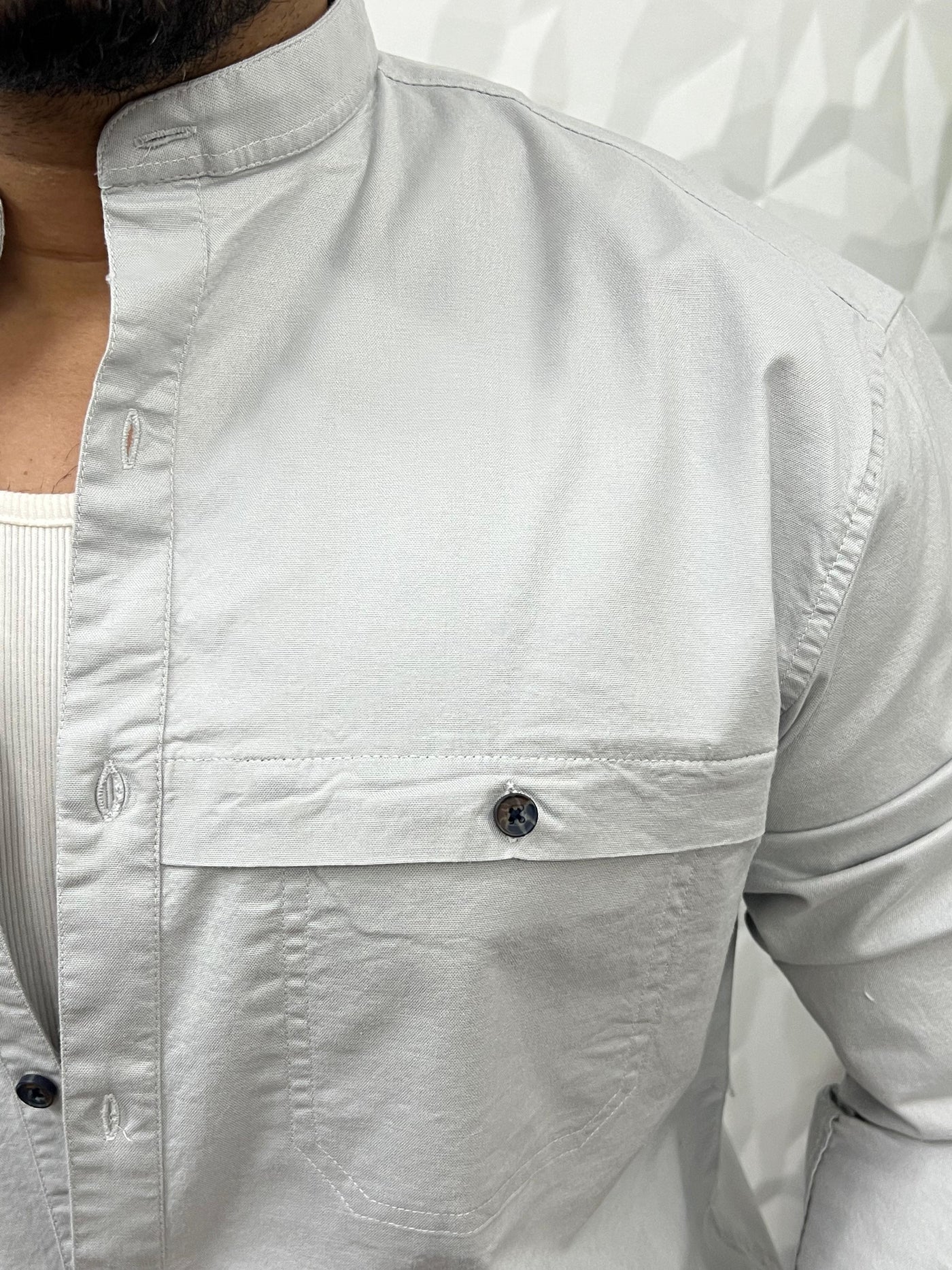 Mandarin collar oxford cargo shirt (Light grey)