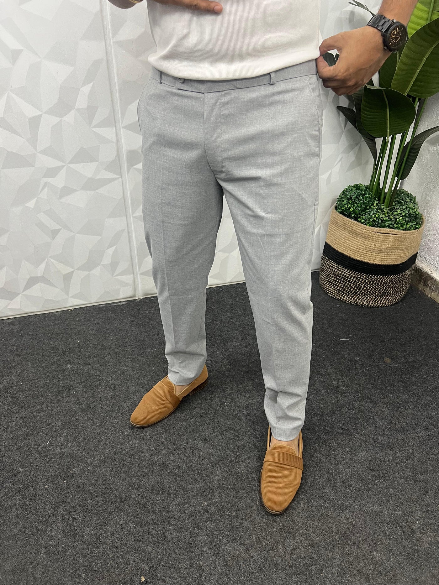 Melange cotton fabric trouser ( Light Grey)
