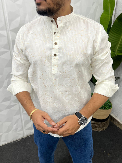 Special jacquard white short kurta