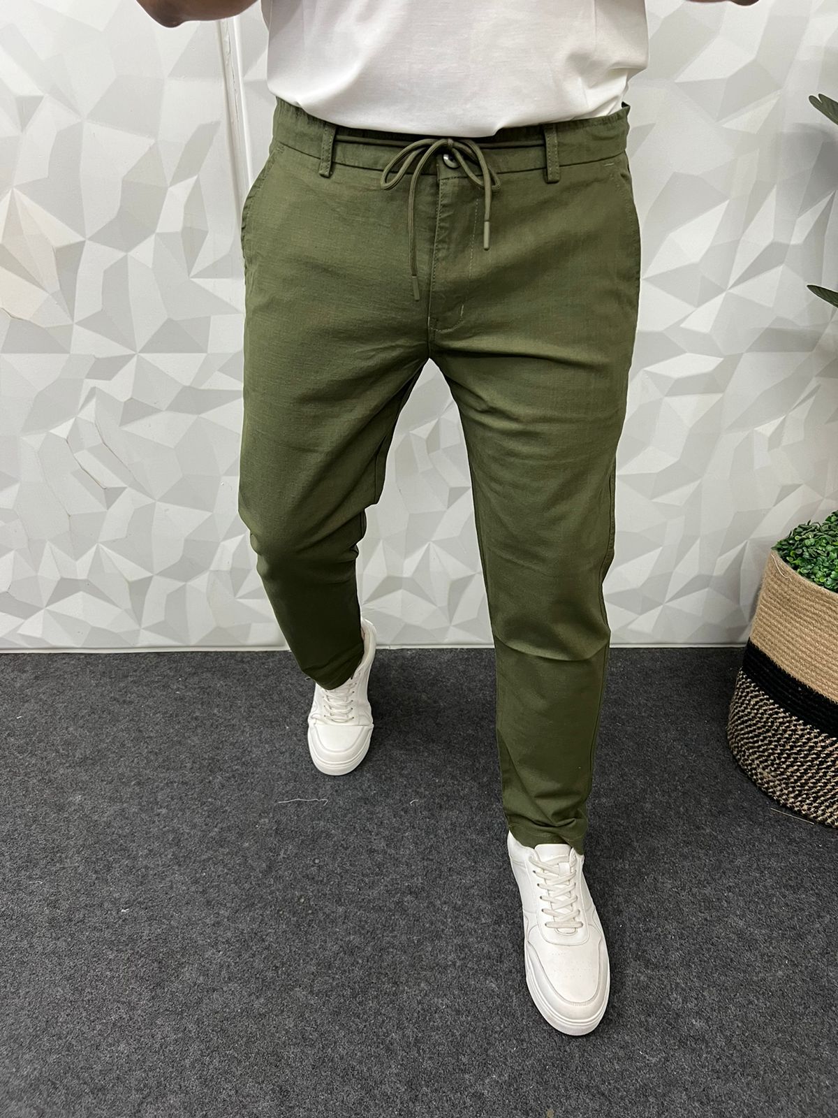 Linen fabric chino pant ( bottle green )