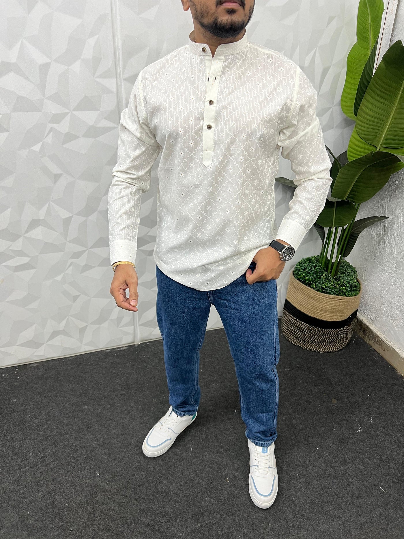 Special jacquard white short kurta