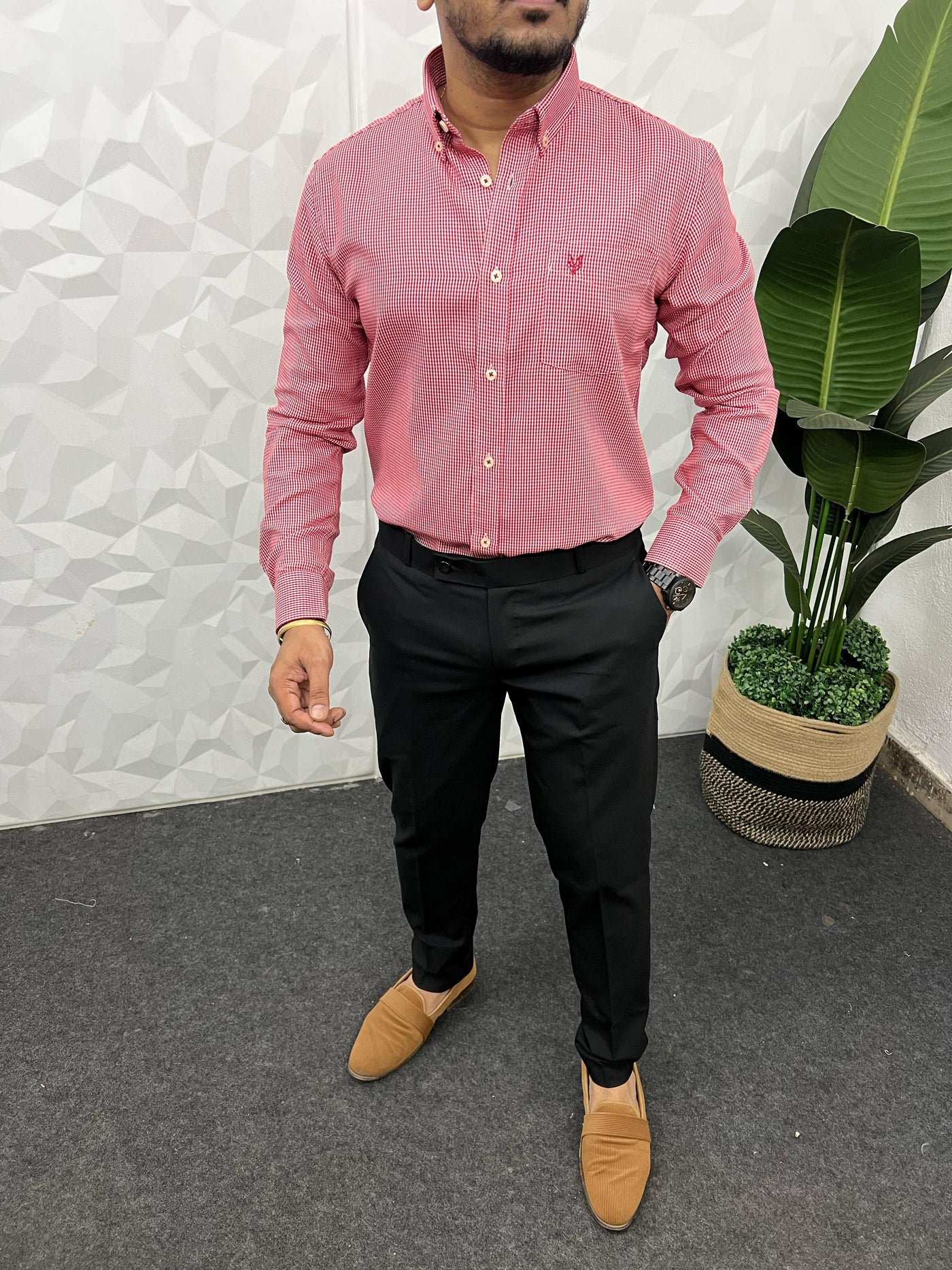 Oxford fabric formal small chex shirt