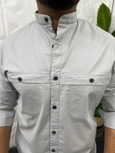 Mandarin collar oxford cargo shirt (Light grey)
