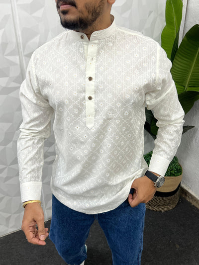 Special jacquard white short kurta