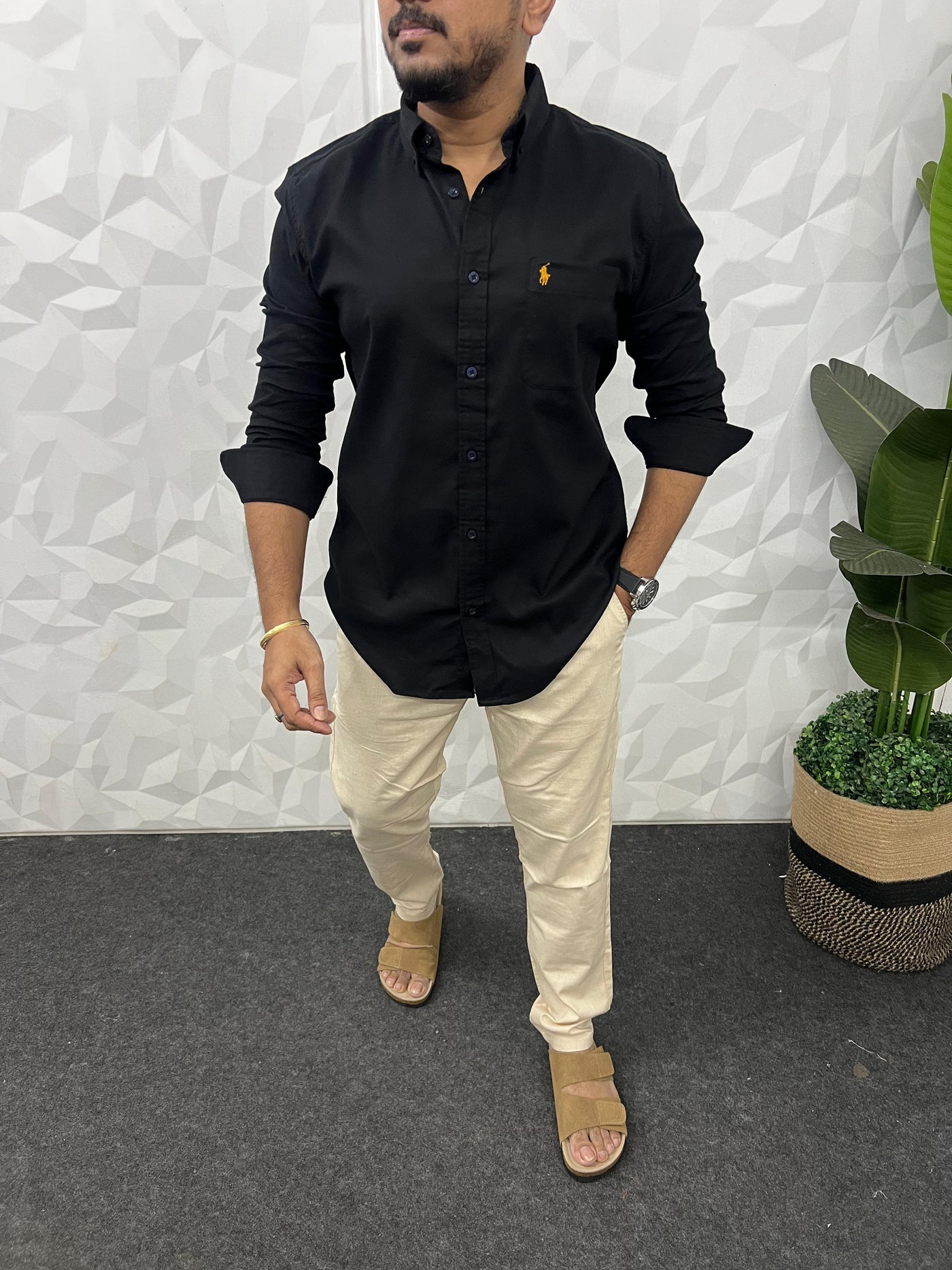 Corduroy lycra fabric shirt (Black)