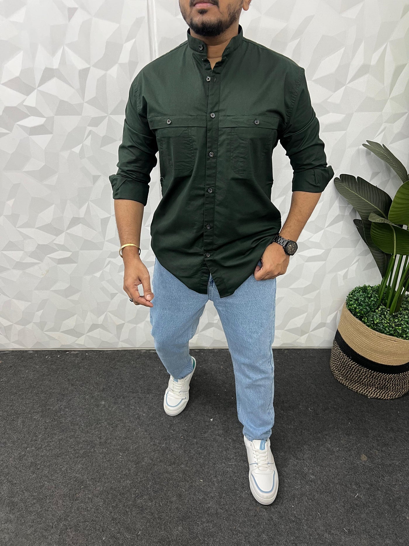 Mandarin collar oxford cargo shirt (Dark Green)