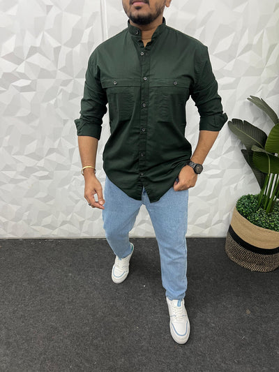 Mandarin collar oxford cargo shirt (Dark Green)