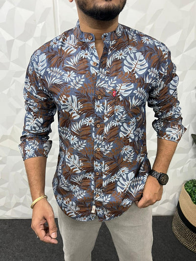 Mandarin collar denim printed shirt