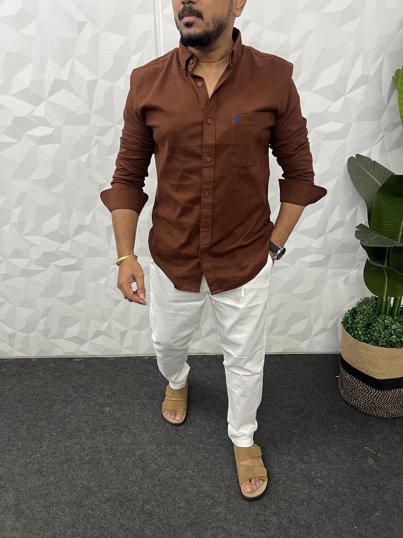 Corduroy lycra fabric shirt ( Brown )