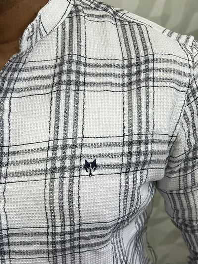 Mandarin collar chex texture shirt
