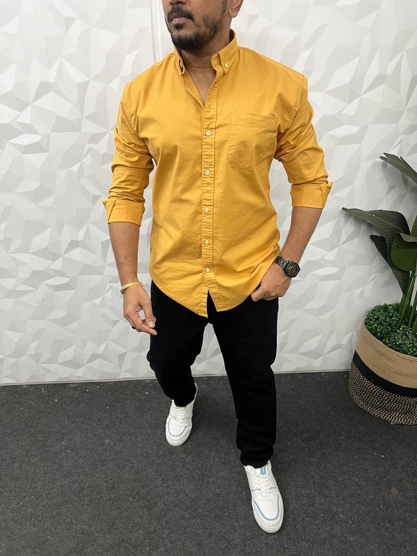 Oxford lycra solid shirt (Mustard yellow)