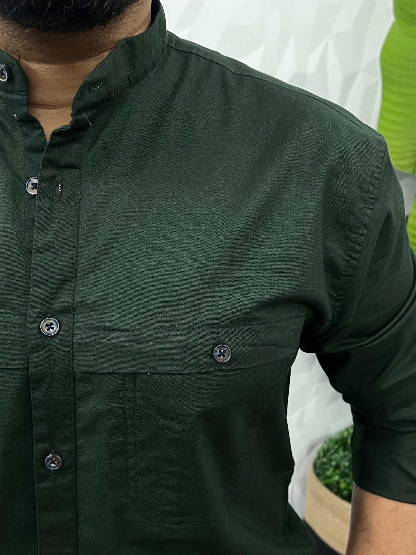 Mandarin collar oxford cargo shirt (Dark Green)