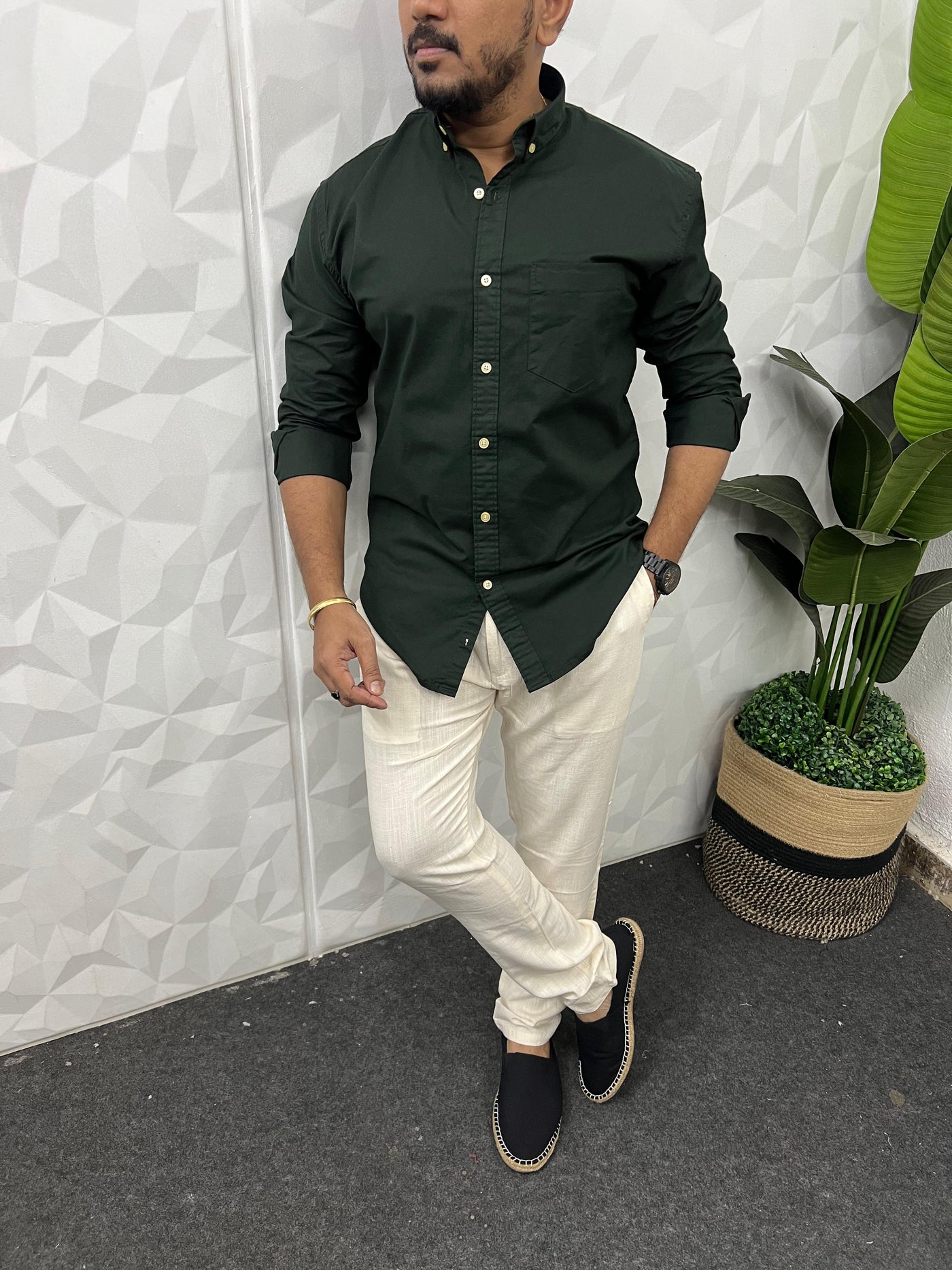 Oxford lycra solid shirt (Dark Green)