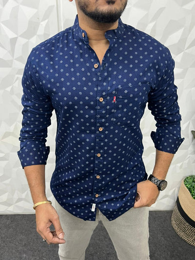 Mandarin collar denim printed shirt