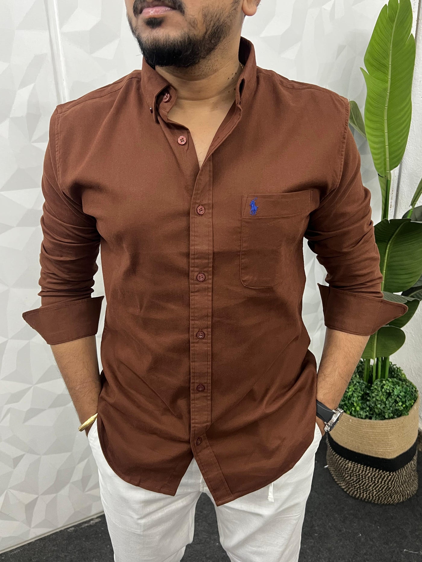Corduroy lycra fabric shirt ( Brown )