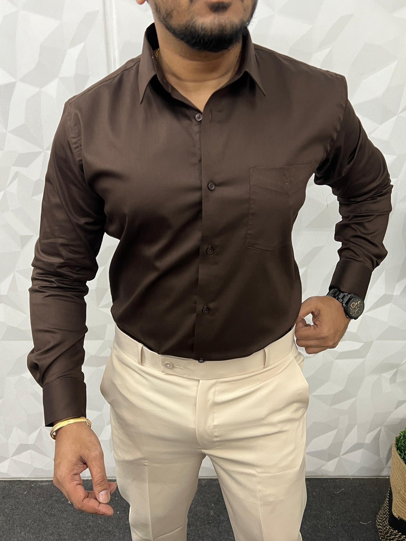 Cotton Lycra Plain Shirt ( dark brown )