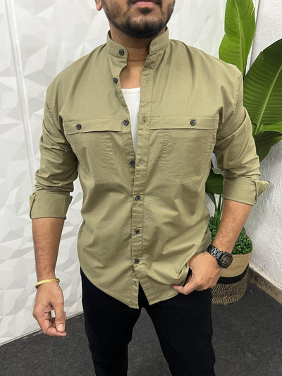 Mandarin collar oxford cargo shirt (Olive green)