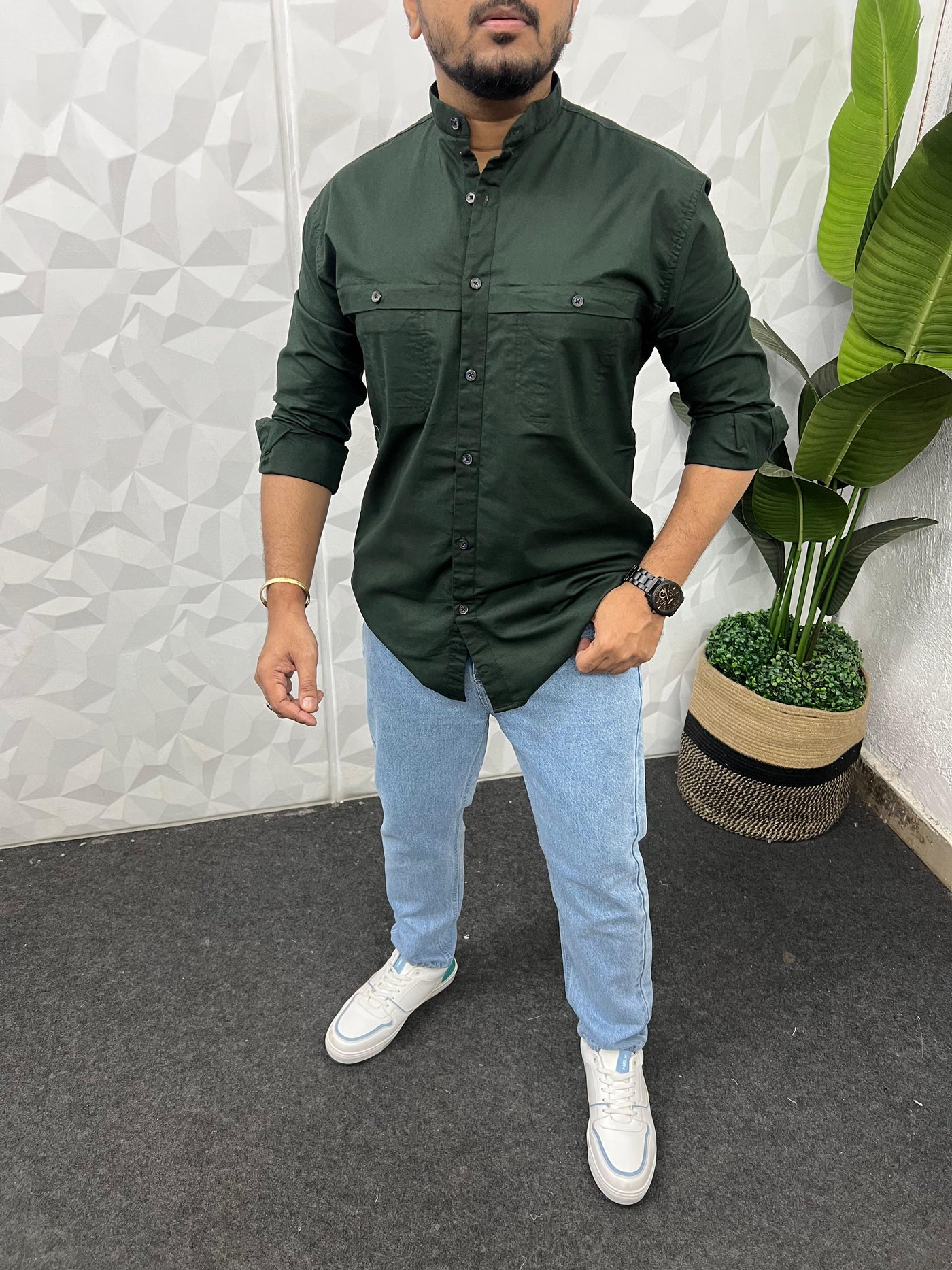 Mandarin collar oxford cargo shirt (Dark Green)