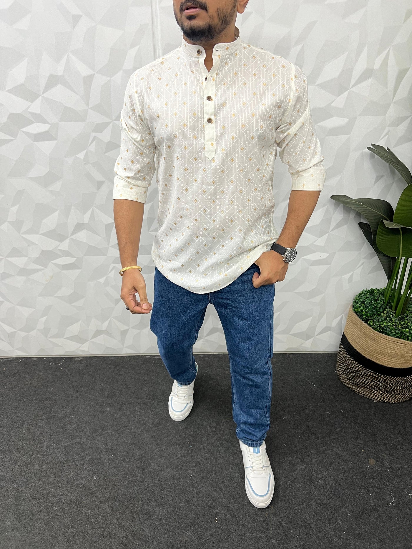 Special jacquard white short kurta