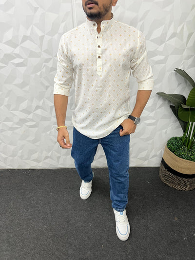 Special jacquard white short kurta