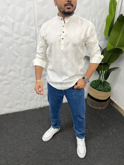 Special jacquard white short kurta