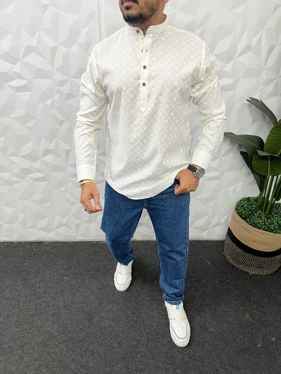 Special jacquard white short kurta