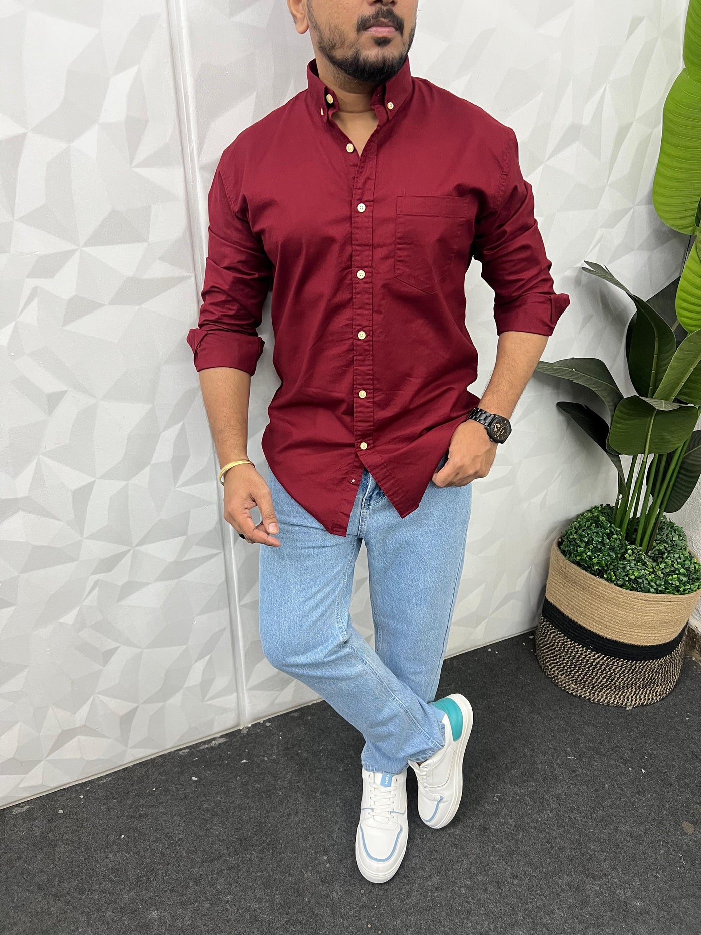 Oxford lycra solid shirt (Maroon)