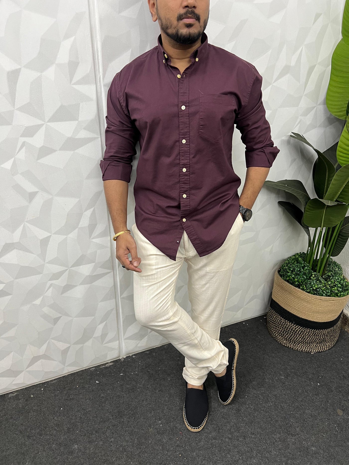 Oxford lycra solid shirt (Wine)