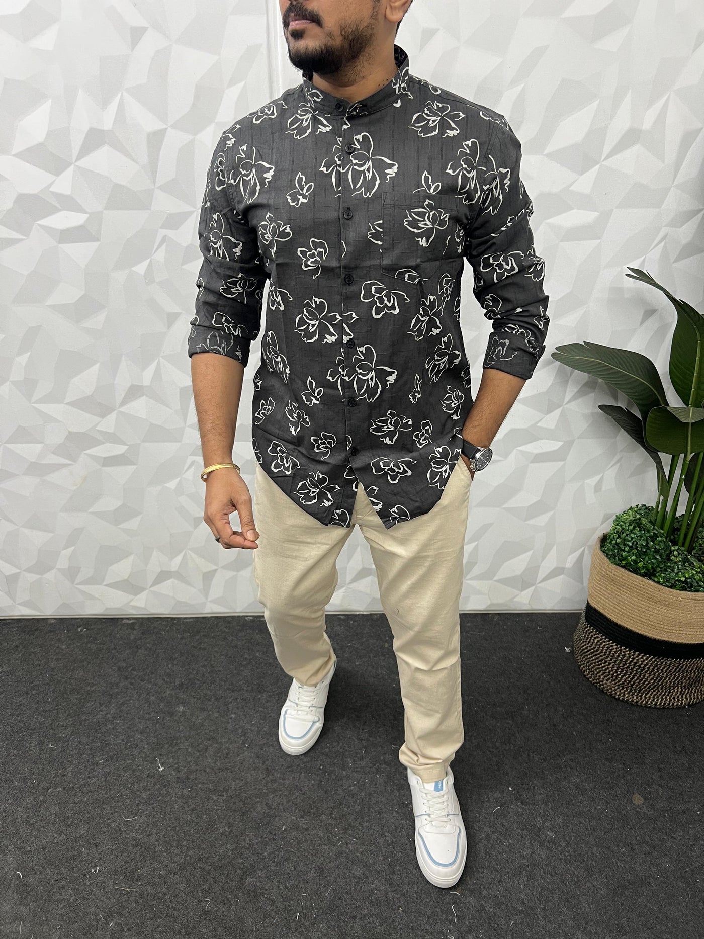 Mandarin collar printed shirt