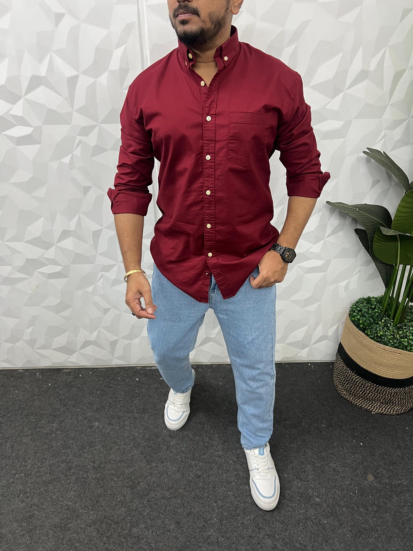 Oxford lycra solid shirt (Maroon)