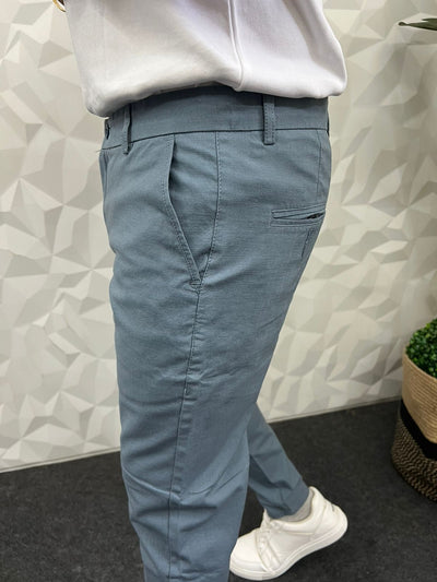 Linen fabric ankle chinos ( teal blue )