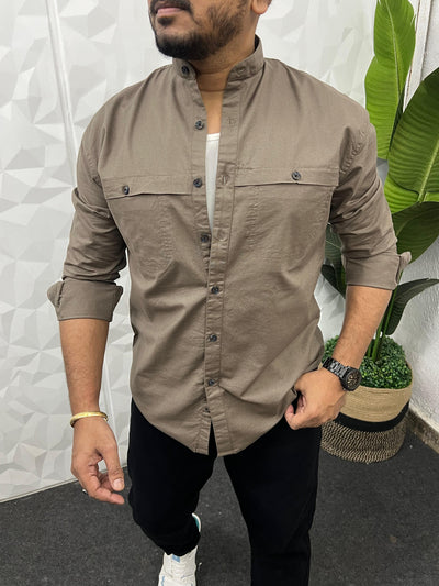 Mandarin collar oxford cargo shirt (Khaki)