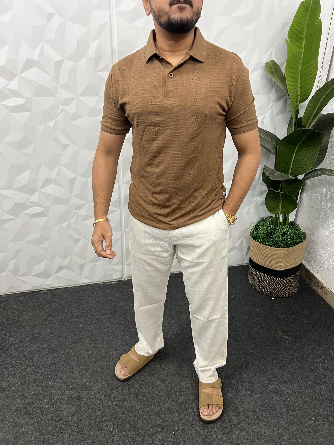Cotton texture fabric collar t-shirt