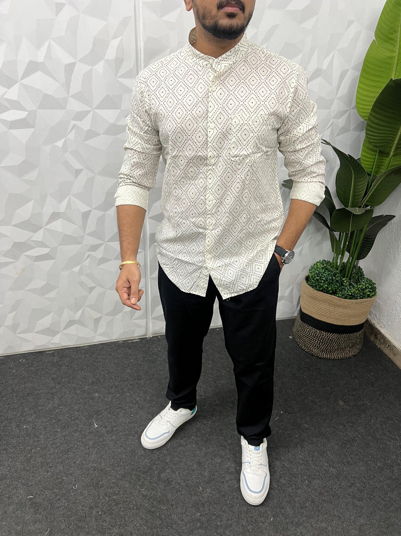Mandarin collar printed shirt