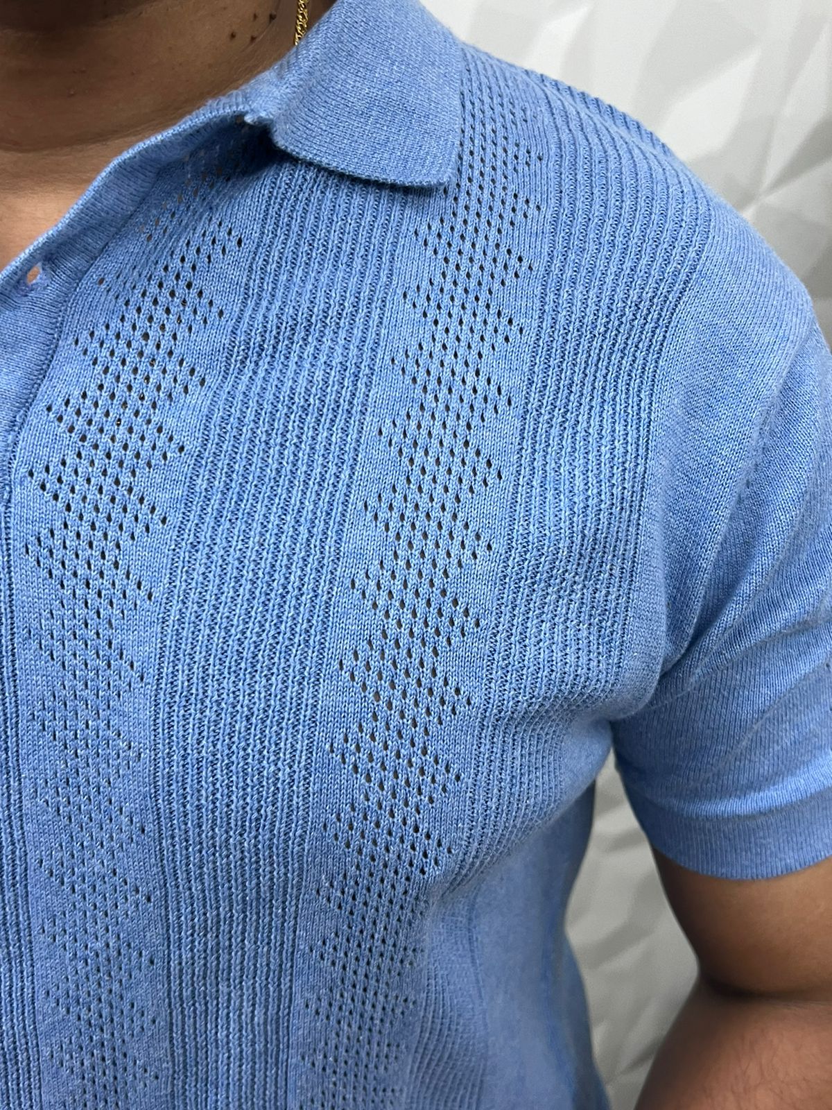 knitted fabric collar t-shirt ( sky blue )